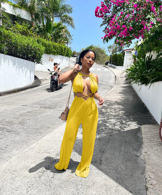 Sexy Irregular Asymmetric Lace up Wrapped Chest Loose Wide Leg Jumpsuit