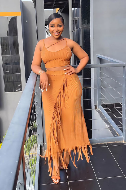 Sleeveless Cropped Short Vest Small Pit High Waist Tassel Dress Two Piece Set