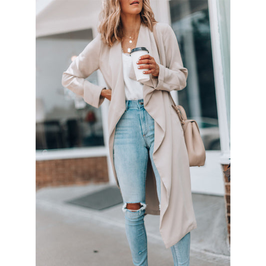 Women Clothing Autumn Winter Polo Collar Solid Color Mid Length Casual Trench Coat Women Coat
