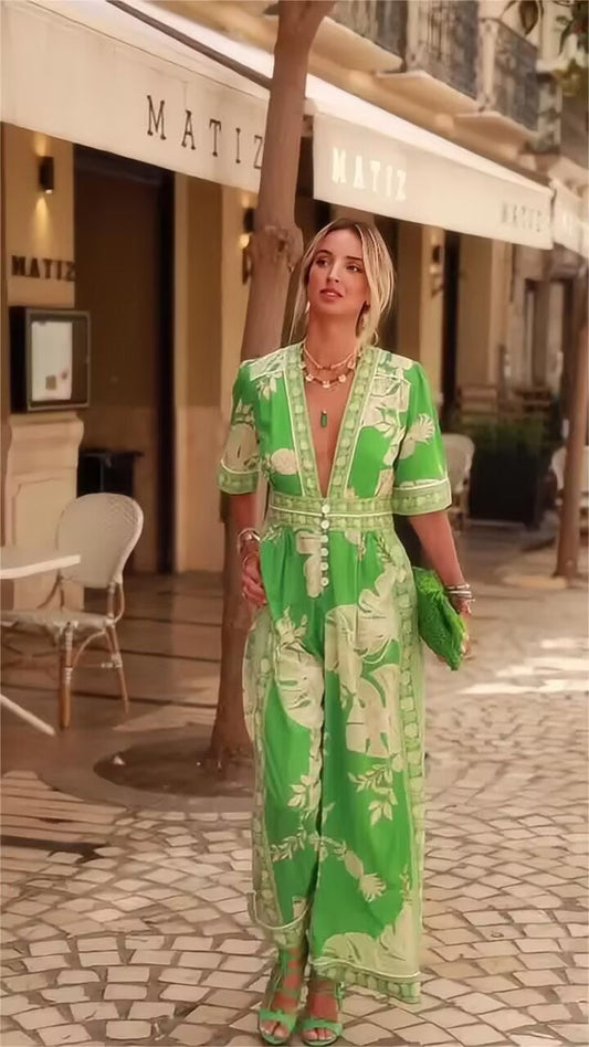Summer Printed V neck Short-Sleeved Jumpsuit Women