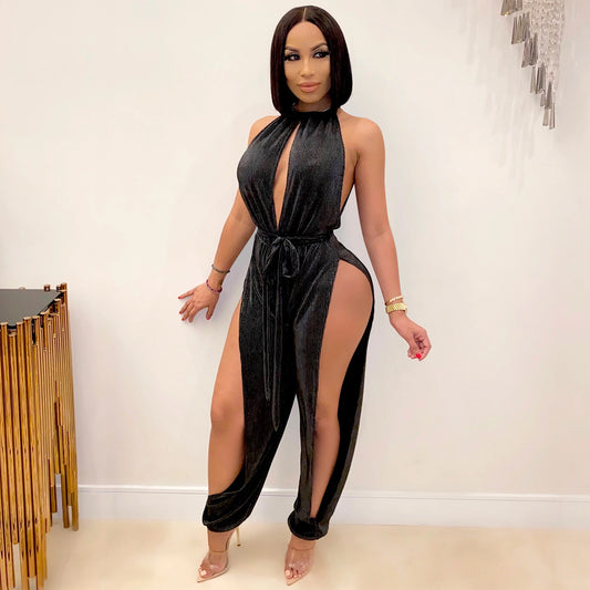 Sexy Lace Up Stretch Split Women Jumpsuit