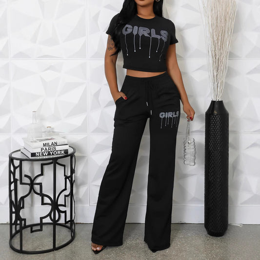 Spring Summer Women Clothing Elegant O neck Short Top Trousers Casual Two Piece Sets