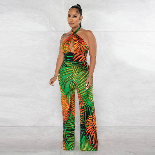 Women Clothing Sleeveless Sexy Backless Lace up Printed Jumpsuit