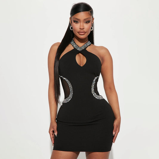 Summer Women Clothing Sexy Tight Hollow Out Cutout Rhinestone Halter Dress for Women