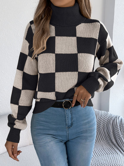 Autumn Winter Casual Turtleneck Color Contrast Check Lantern Long Sleeve Sweater Women Clothing