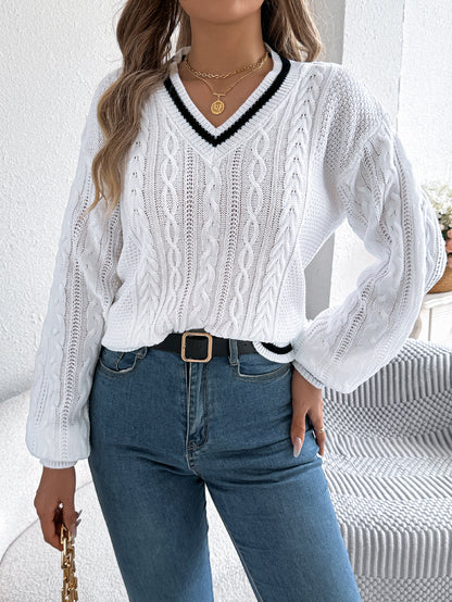 Autumn Winter College Color Block V Neck Twist Lantern Long Sleeve Sweater Women Clothing