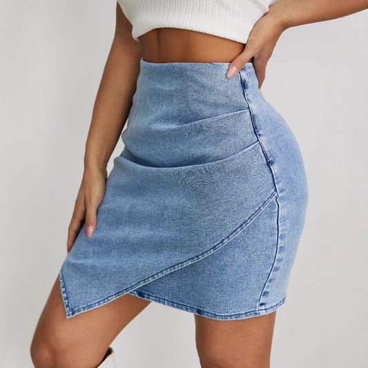 Women Clothing High Waist Ruched Irregular Asymmetric Sheath Denim Skirt