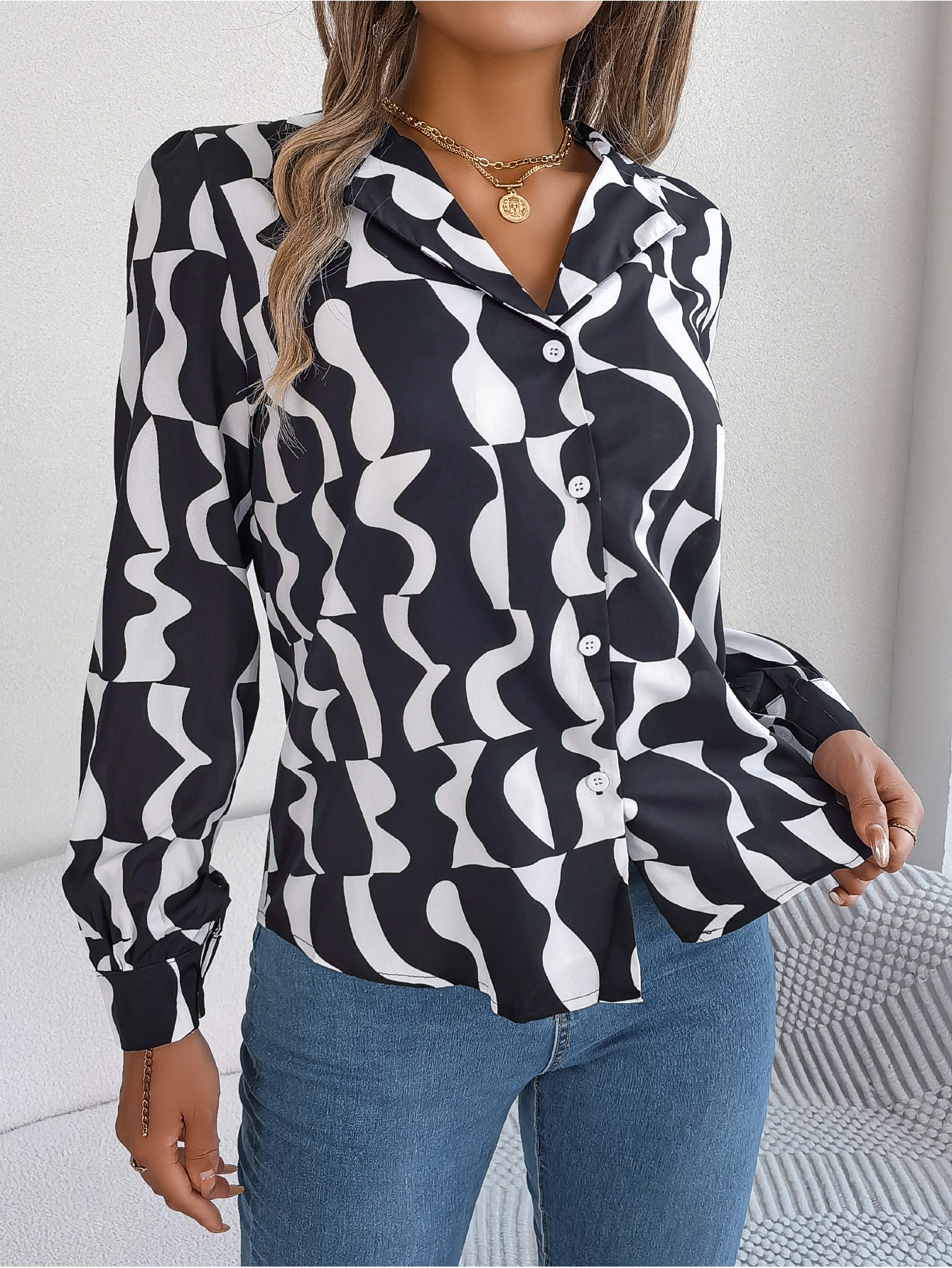 Autumn Winter Commuting Elegant Contrast Color Striped Suit Collar Long Sleeve Shirt Women Clothing