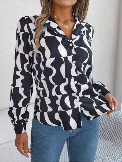 Autumn Winter Commuting Elegant Contrast Color Striped Suit Collar Long Sleeve Shirt Women Clothing
