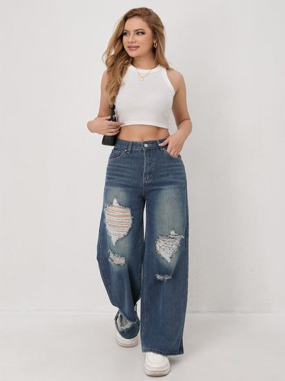 Distressed Worn Wide Leg Jeans Women Autumn High Waist Loose Wide Leg Jeans Women Slimming Pants Women Autumn