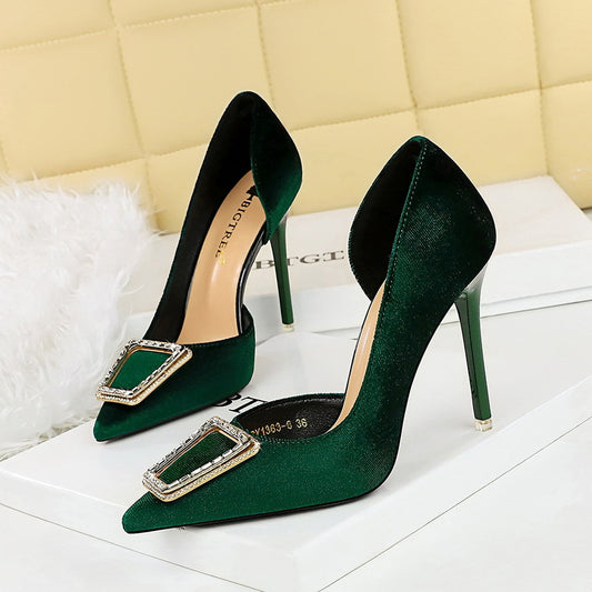 Cocktail High Heels Stiletto Heel Shallow Mouth Pointed Toe Metal Buckle Suede Side Empty Super High Heel Shoes