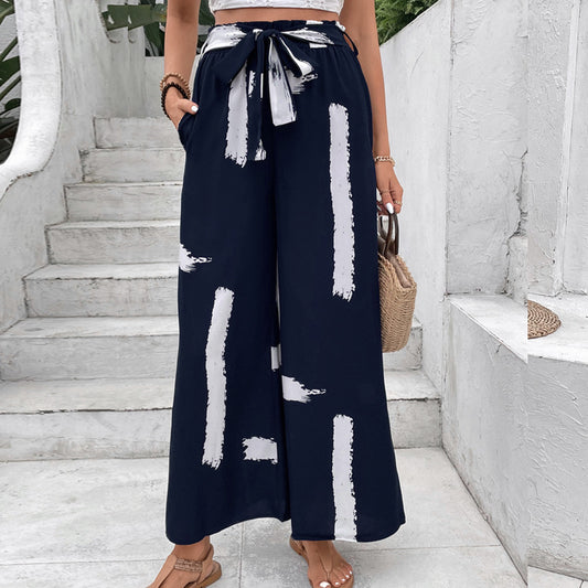 Personality Vacation Lace up Brush Print Loose Wide Leg Women Summer Pants