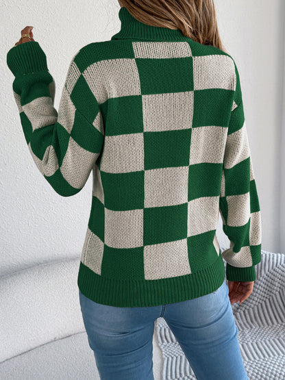 Autumn Winter Casual Turtleneck Color Contrast Check Lantern Long Sleeve Sweater Women Clothing
