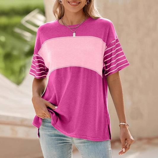 Women Clothing Spring Summer Pullover Crew Neck Casual Striped Contrast Color Short Sleeve T shirt for Women