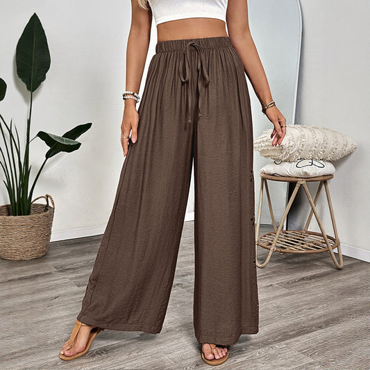 Casual Simple Lace up Embroidery Solid Color Loose Wide Leg Pants Thin Women