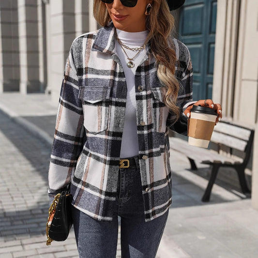 Brushed Plaid Collared Casual Cardigan Single Breasted Shacket Women