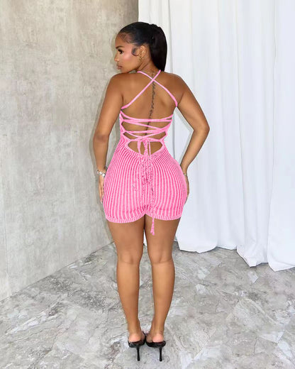 Women Sexy Casual Backless Lace up Knitted Jumpsuit