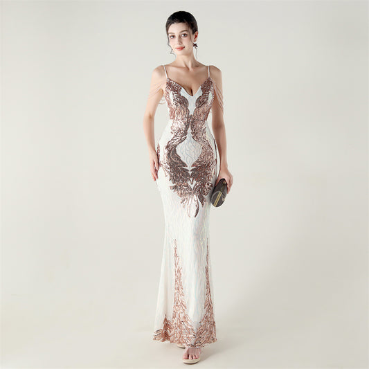 Embellished Beaded Link Positioning Floral Embroidered Sequ Deep V Plunge neck Backless Evening Dress Performance Cocktail Host