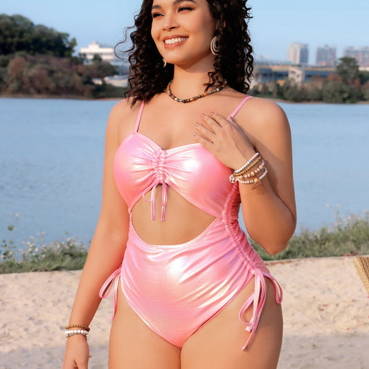 Plus Size Sexy Solid Color Drawstring One Piece at Women Swimsuit