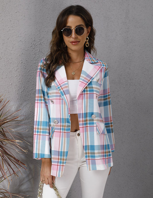 Blazer Autumn Women Clothing Color Plaid Printed Long Sleeve Coat