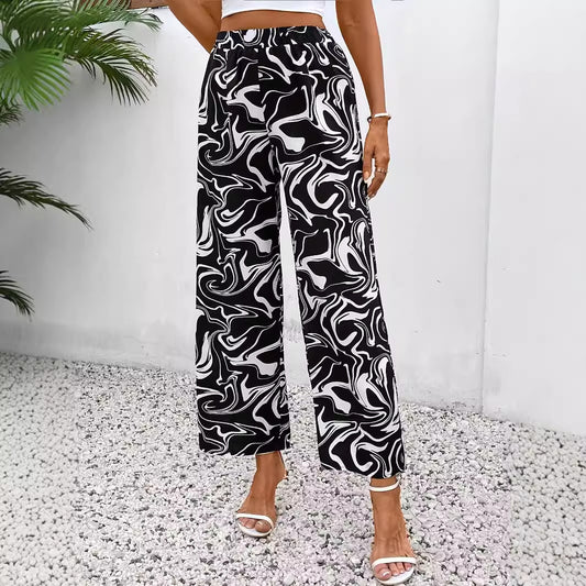 Spring Autumn Elastic High Waist Pants Draping Casual Marble Print Straight Leg Trousers Women