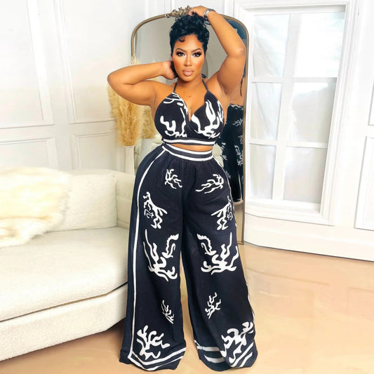 Supply Women Clothing Positioning Printed V neck Sexy Halter Wide Leg Pants Two Piece Sets