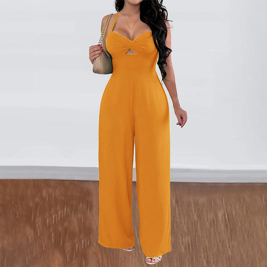 Spring Summer Casual Vacation Office Solid Color Sling Wide Leg Overalls Women Clothing