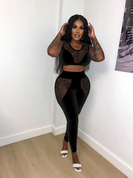 Hollow Out Mesh Hole See through Sexy Suit Mesh Stitching Vest Pants Two Piece Set Women