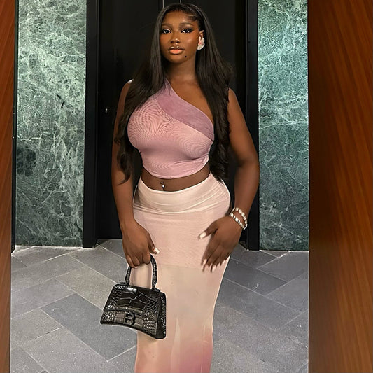 Fresh Women Clothing Cropped Sheath Tight Gradient Color Skirt Set Diagonal Collar Micro Transparent Dress Two Piece Set